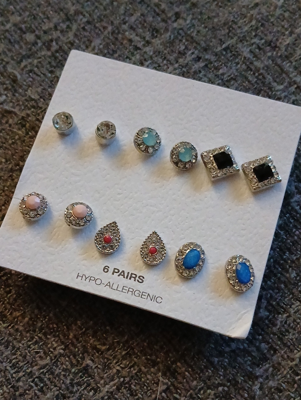 Sparkling Crystal Stud Earring Set [6 Pairs] Hypo-Allergenic - Rhinestone & Gems
